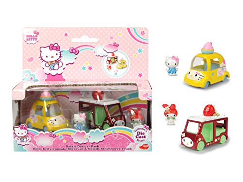 Dickie Toys Hello Kitty Cupcake + Melody Strawberry Spielzeugauto, 2er Set, Fahrzeuge und Figuren aus Aluguss, Figuren herausnehmbar, Fahrzeuglänge: 6 cm, Figurgröße: 2,5 cm, ab 3 Jahren von Dickie Toys