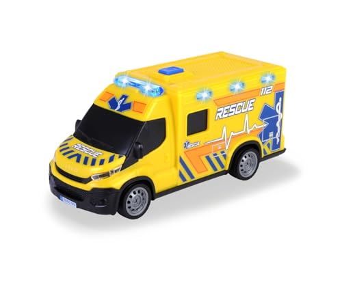 Dickie Toys - Iveco Daily Krankenwagen (gelb, 18 cm) - Rettungs-Fahrzeug mit Licht, Sound & Spielzeug-Zubehör (inkl. Batterien), Spielzeugauto für Kinder ab 3 Jahre von Dickie Toys