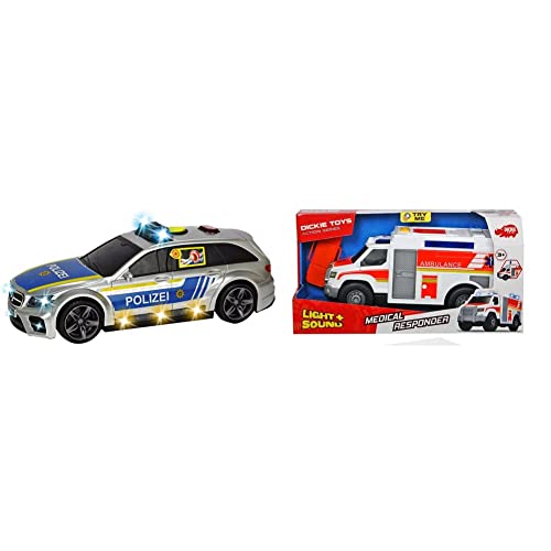 Dickie Toys - Mercedes-AMG E 43 – 30 cm großes Polizeiauto, motorisiert, ab 3 Jahre & - Medical Responder – 30 cm großer Rettungswagen mit Trage, Licht und Sound, Heckklappe zum Öffnen,ab 3 Jahre von Dickie Toys