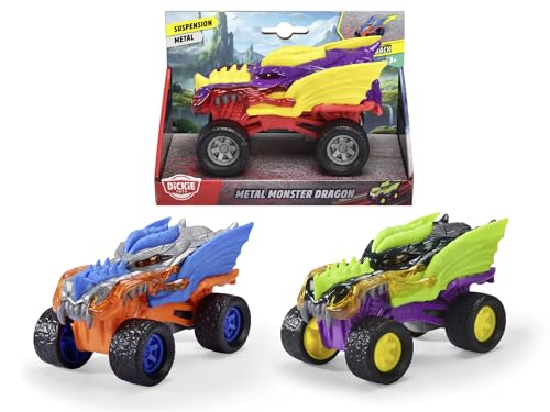 Dickie Toys - Metal Monster Dragon Auto (15 cm) - Drachen-Monstertruck ab 3 Jahre, Spielzeugauto für Kinder mit Rückzug, Federung & Gummireifen (3-Fach Sortiert, zufällige Auswahl) von Dickie Toys