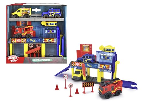 Dickie Toys - Micro SOS Auto-Station - Rettungsstation mit 3 Mercedes-Benz Spielzeugautos (Polizei, Feuerwehr und Krankenwagen), Funktionen & Spiel-Zubehör, Auto-Spielzeug für Kinder ab 3 Jahre von Dickie Toys