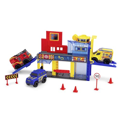 Dickie Toys - Micro SOS Auto-Station - Rettungsstation mit 3 Mercedes-Benz Spielzeugautos (Polizei, Feuerwehr und Krankenwagen), Funktionen & Spiel-Zubehör, Auto-Spielzeug für Kinder ab 3 Jahre von Dickie Toys