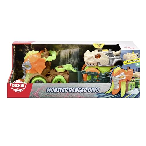 Dickie Toys - Monster Ranger Dino Auto (32 cm) - Mammut-Truck mit Anhänger & Dinosaurier-Fahrzeug, Spielzeugauto-Set für Kinder ab 3 Jahre, mit Freilauf, Licht & Sound, inkl. Batterien von Dickie Toys