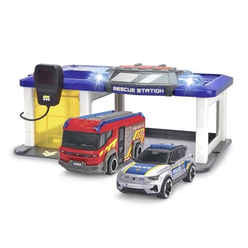 Dickie Toys - Rescue Auto-Station für Kinder ab 3 Jahre (31x22 cm) mit 2 Spielzeug-Autos (Polizeiauto & Feuerwehrauto), Feuerwehr- & Polizeistation mit Licht & Sound, inkl. Batterien von Dickie Toys