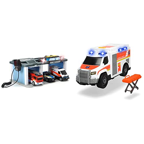 Dickie Toys - Rescue Center – Rettungsstation mit Funkgerät, Polizei, Krankenwagen, Feuerwehr & Medical Responder – 30 cm großer Rettungswagen mit Trage, Licht und Sound, Heckklappe zum Öffnen von Dickie Toys