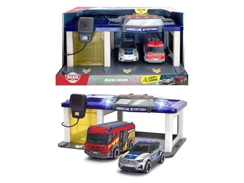 Dickie Toys - Rescue Auto-Station für Kinder ab 3 Jahre (31x22 cm) mit 2 Spielzeug-Autos (Polizeiauto & Feuerwehrauto), Feuerwehr- & Polizeistation mit Licht & Sound, inkl. Batterien von Dickie Toys