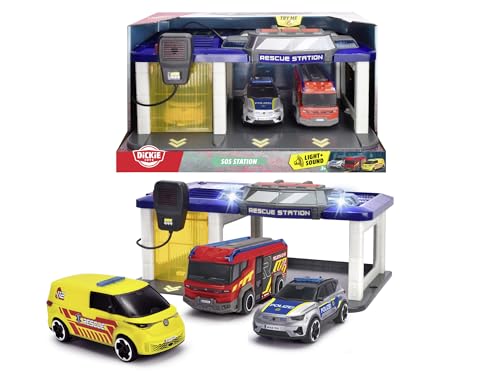 Dickie Toys - Rescue Auto-Station für Kinder ab 3 Jahre (31x22 cm) mit 3 Spielzeug-Autos (Polizeiauto, Krankenwagen, Feuerwehrauto), Feuerwehr- & Polizeistation mit Licht & Sound, inkl. Batterien von Dickie Toys