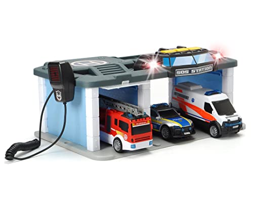 Dickie Toys SOS Rettungsstation mit Polizei, Feuerwehr und Krankenwagen, Station mit Licht & Sound, Mikrofon mit Lautsprecherfunktion, Tore zum Öffnen, inkl. Batterien, 31x22x16 cm, Blue von Dickie Toys