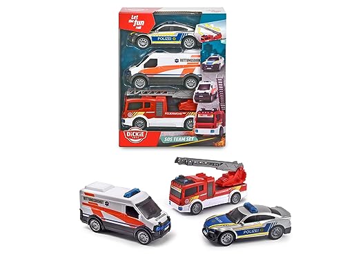 Dickie Toys SOS Team, 3er Spielset bestehend aus Rettungswagen, Polizei & Feuerwehrauto mit Wasserspritze, deutsche Version, ab 3 Jahren von Dickie Toys