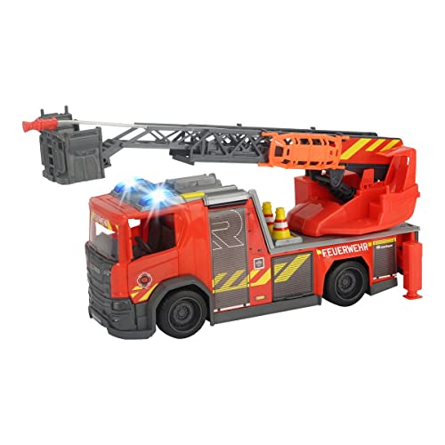 Dickie Toys Scania Drehleiter Feuerwehr, Wasserspritzfunktion, Rosenbauer, Licht & Sound, inkl. Batterien, mit ausziehbarer Drehleiter & Standbeine, 25 cm, rot von Dickie Toys