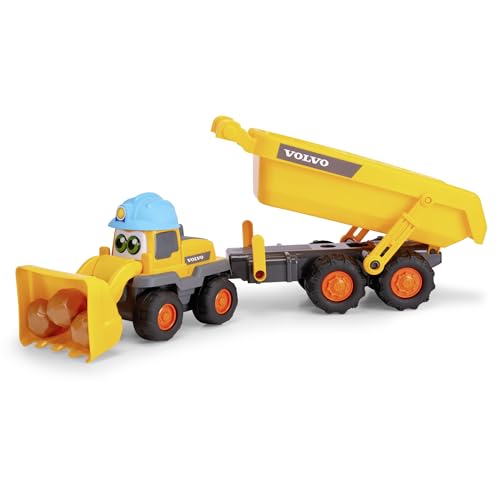 Dickie Toys ABC - Bagger-Fahrzeug Tracey Trailer (65 cm) für Kinder ab 1 Jahr - Volvo Radlader mit Anhänger, Schaufel und Rassel-Bausteinen, Spielzeugauto für Babys und Kleinkinder ab 12 Monate von Dickie Toys