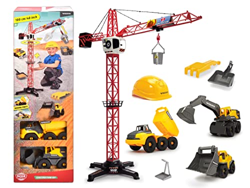 Dickie Toys-Volvo Baustellen-Spielzeug (9-teiliges Set)-für Kinder ab 3 Jahren, 1 Meter hoher Kran, 3 Baustellenfahrzeuge (Radlader, Bagger, Kipplaster), Sandspielzeug & Helm, Mehrfarbig (203724007) von Dickie Toys