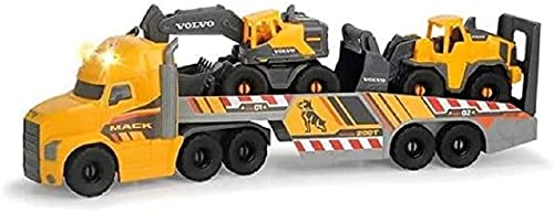 Dickie Toys Volvo Heavy Mack Truck, großer LKW mit 2 Volvo Fahrzeugen auf Anhänger, Bagger & Radlader, Anhänger zum Abkoppeln, Licht & Sound, inkl. Batterien, 70 cm groß, gelb, 203729012 von Dickie Toys