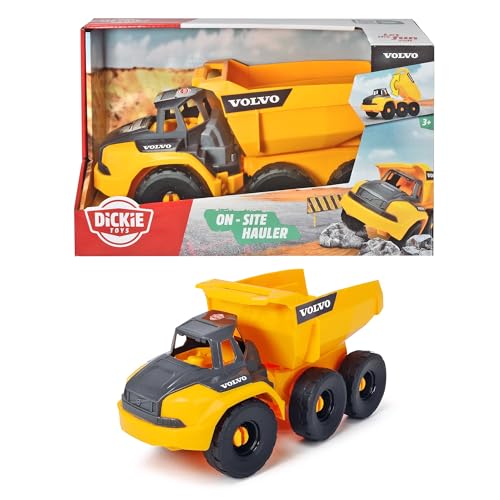 Dickie Toys Volvo Muldenkipper, Spielzeug Kipplaster mit Freilauf, bewegliche Gelenkachse hinter Führerhaus, bewegliche Ladefläche, offene Kabine, 26 cm, gelb/grau von Dickie Toys