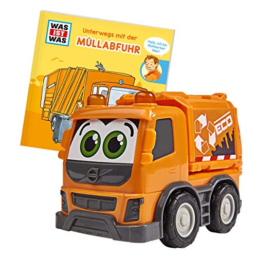 Dickie Toys was ist was Müllabfuhr, Volvo Müllabfuhr mit Freilauf, inkl. was ist was Buch, farbecht und speichelfest, Spielzeug ab 1 Jahr, 14,5 cm, orange von Dickie Toys