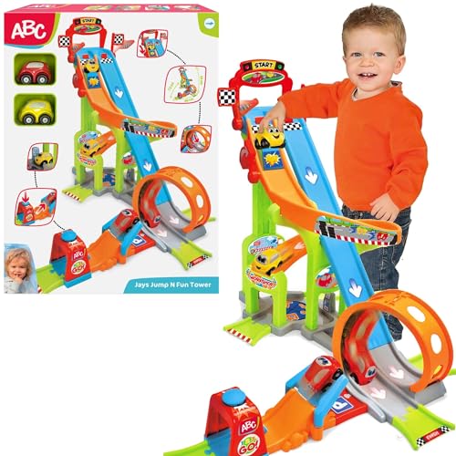 Dickie Toys ABC - Jays Jump N Fun Tower (66x72x64 cm) - Auto-Rennbahn ab 1 Jahr mit Looping, Schanze & 2 Spielzeugautos, Spielzeug-Autobahn für Babys und Kinder ab 12 Monate von Dickie Toys