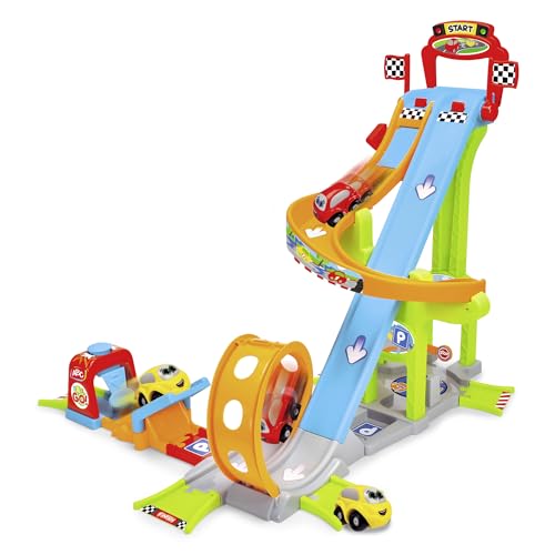 Dickie Toys ABC - Jays Jump N Fun Tower (66x72x64 cm) - Auto-Rennbahn ab 1 Jahr mit Looping, Schanze & 2 Spielzeugautos, Spielzeug-Autobahn für Babys und Kinder ab 12 Monate von Dickie Toys