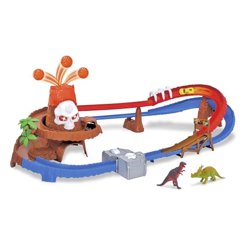 Dickie Toys - Autorennbahn Skull Volcano Track Set (100 cm) mit Vulkan-Ausbruch, Auto & Dinosaurier-Zubehör - Spielzeug-Autobahn für Kinder ab 3 Jahre, mit Licht & Sound, inkl. Batterien von Dickie Toys