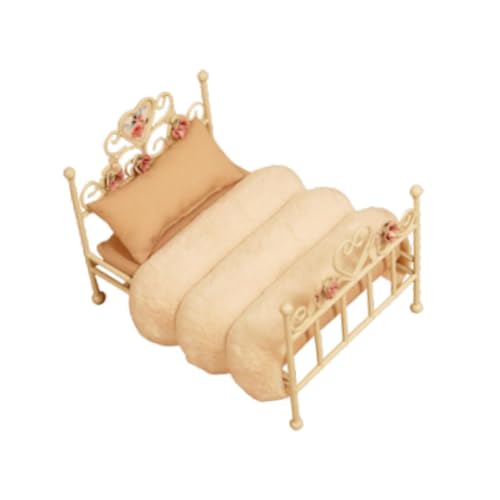 Dickly 1/12 Puppenhausbett Miniatur Geschnitztes Eisen Miniszene Kinder Rollenspiel Spielzeug Schlafzimmer Mikroszene Puppenhausmöbel Einzelbett, Weiß von Dickly