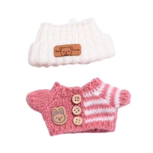 Dickly 2 x Pullover und Mütze für Modepuppen, Kleidung für Mini-Puppen, Anziehsachen, Foto-Requisiten, handgefertigte Kleidung, Kostüm für 15–17 cm große, Roter, Weißer Hut von Dickly