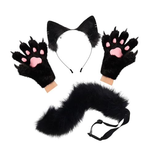 Dickly Tierohr-Stirnband, Schwanz, Handschuhe, Set, Halloween-Kostüm, Zubehör für Halloween, Schwarz Dickly Tierohr-Stirnband, Schwanz, Handschuhe, Set, Halloween-Kostüm, Zubehör für Halloween, Schwarz von Dickly