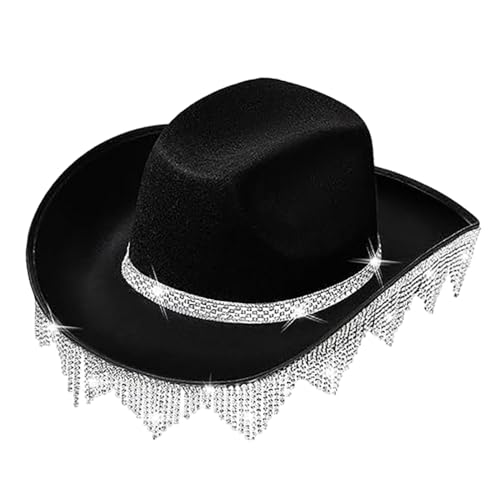 Dickly Western-Strass-Quasten, Cowboy-Hut, Cowgirl-Hut, breite Krempe, Sonnenhut, Gentleman-Jazz-Kappe für Reisen, Cosplay, Karneval, Verkleidung, Schwarz von Dickly