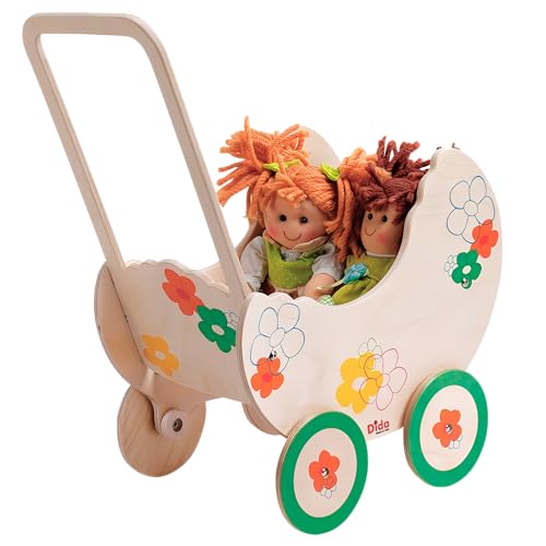 Dida - Puppenwagen Blume: Holz-Kinderwagen für Kleine Puppen bis 35 cm, Perfekt für Rollenspiele von Kindern im Alter von 2-4 Jahren, Ideal für Kleine Mamas und Papas von Dida