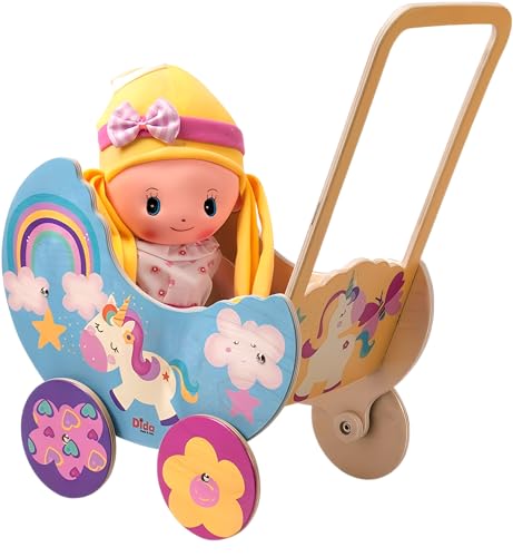 Dida - Puppenwagen Einhorn, Aus Holz Gefertigt, Wagen für Puppen bis 35 cm, Ideal für Rollenspiele, Perfekt für Kinder von 2, 3, 4 Jahren, Kreatives und Pädagogisches Spielzeug von Dida