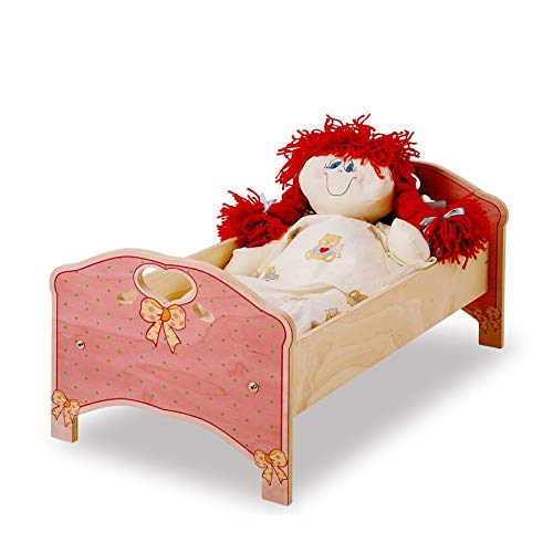 Dida - Puppenbett Aus Holz Mit Matratze Und Kopfkissen + Bettlaken Für Puppen Bis 50 cm Grösse - Dekoration: Rosa. Ideal Für Die Puppenecke Im Kindergarten Und In Der Kinderkrippe von Dida