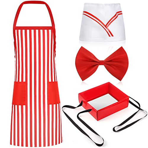 Didaey 4 Stück 1950er Jahre Erwachsenenkostüm Kit Schürze Tablett mit Gurt Soda Jerk Chef Hut Schleife Knoten für 1950er Jahre Diner Kleid Party, Rot, Weiß, Einheitsgre von Didaey