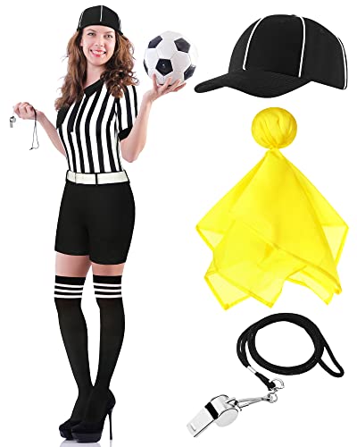 Didaey Schiedsrichter-Kostüm für Damen, Karneval, Halloween, Ref. Uniform mit Gürtel, Hut, Pfeife, gelbe Strafflaggen, lange Socken, 5 Stück (klein) von Didaey