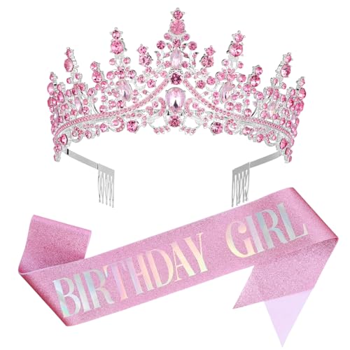 Didiseaon 1 Satz Gürtelkristallkrone Geburtstagskrone Für Kinder Zum Geburtstag Dekorationen Prinzessin Tiara Partyzubehör Geburtstagsschärpe Für Frauen Rosa Zinklegierung von Didiseaon