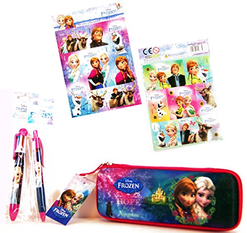 Die Eiskönigin 4 TLG. Frozen Set - Schlamper -Etui + 6-farb Kugelschreiber + 1 Kugelschreiber + 16 Frozen Sticker - Federmäppchen, Schlamper-Rolle, Federtasche für die Schule von Die Eiskönigin