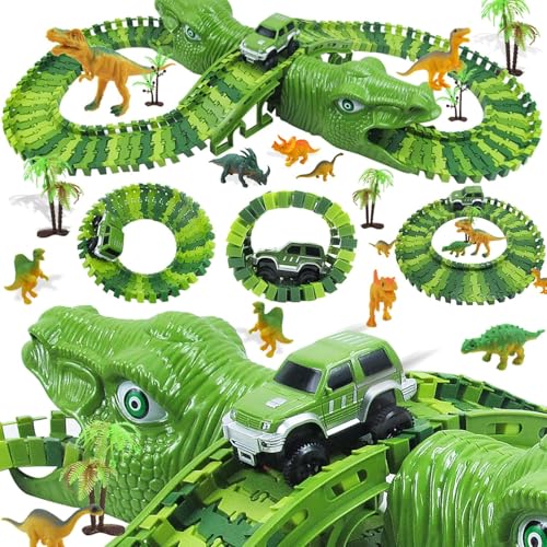 Diealles Shine Dinosaurier Spielzeug Rennbahn, 153 Stück Dinosaurier Cars Rennbahn Autorennbahn Spielzeug mit 8 Dinosaurier Figuren, Autorennbahn Dinosaurier für ab 3 4 5 6 Jahre Junge Mädchen von Diealles Shine