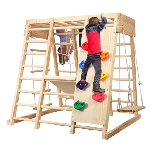 Diegimr 8-in-1 Klettergerüst für Kinder, Kleinkinder Netz und Kletterspielzeug mit Rutsche Schaukel Horizontalen Stangen Strickleiter Zeichenbrett Indoor-Spielplatz Holz Montessori-Kletterer-Spielset von Diegimr