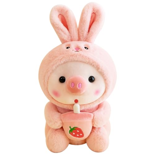 Diempi Kuscheltier Schwein, Kaninchen Kuscheltier, Schwein Kuschelti, Cartoon Plüschfigur Spielzeug, Kuscheltier mit Milchtee Tasse Tier Weiche Puppe Geschenk für Kinder Jungen Mädchen -25cm von Diempi