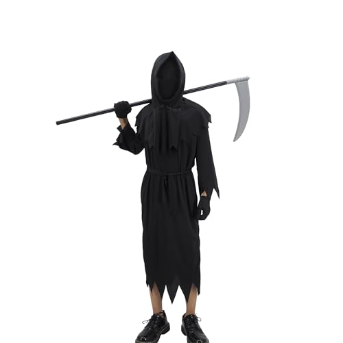 DigiTizerArt Halloween Child Unisex Grim Reaper Costume With Plastic scythe, Phantom Costume for Creepy Phantom Halloween Costume (For-Kids) von DigiTizerArt