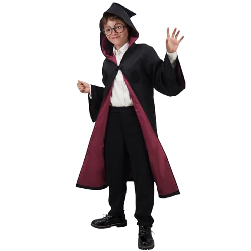 DigiTizerArt Kids Dress Up Wizard Costume Set -Wizard Robe Magical Hooded Cape Cloak, Wizard Neckties, Wizard Glasses Frame, For Boys Girls Halloween Costumes (110) von DigiTizerArt