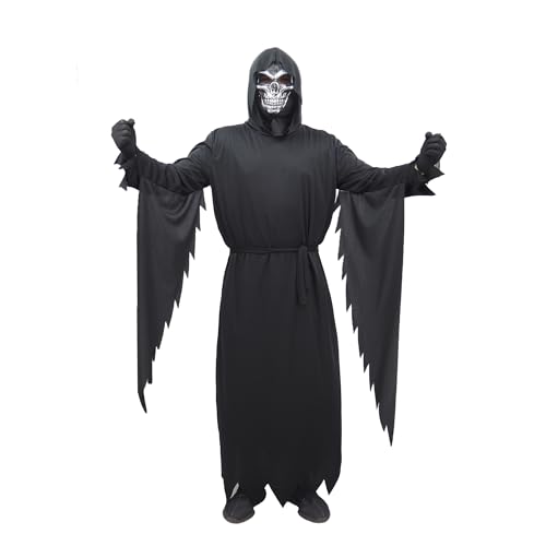 DigiTizerArt Scary Costume for Adult Black Terror Long Hooded Horror Robe Ghost Mask Horror Robe Costume Halloween Cosplay Costume (For-Adult) von DigiTizerArt