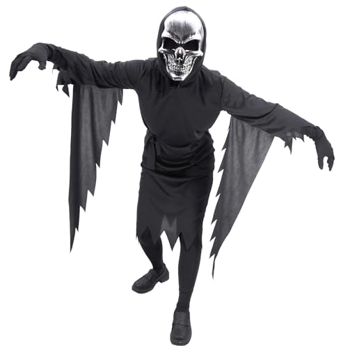 DigiTizerArt Scary Costume for Kids Black Terror Long Hooded Horror Robe Ghost Mask Horror Robe Costume Halloween Cosplay Costume (For-Kids) von DigiTizerArt