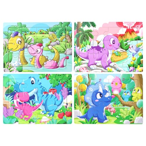 Holzpuzzles für Kinder im Alter von 3-8 Jahren 4er Pack 12-teilige Dinosaurier Tier Kinder Puzzles Vorschule Bildungstafeln Spiele Kleinkind Kinder Lernen pädagogische Puzzles Spielzeug (A) von DiiWmme