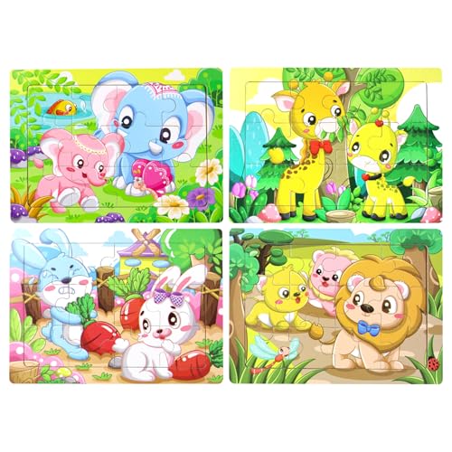 Holzpuzzles für Kinder im Alter von 3-8 Jahren 4er Pack 12-teilige Dinosaurier Tier Kinder Puzzles Vorschule Bildungstafeln Spiele Kleinkind Kinder Lernen pädagogische Puzzles Spielzeug (B) von DiiWmme