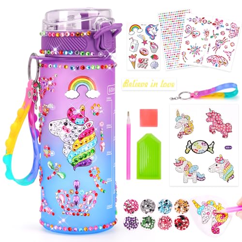 Einhorn Geschenke für Mädchen 5-6-7-8-9 Jahre Geschenkideen: Trinkflasche Bastelset Kinder ab 6 8 10 11 Jahre DIY Wasserflasche Basteln Diamond Painting Kinder Geburtstag Spielzeug Mädchen 4-12 Jahre von Dikence