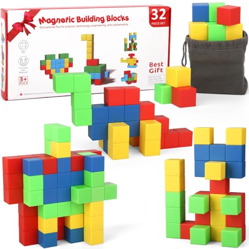 Dilabnda 32 Teiliges Magnetische Bausteine Magnetbaustein Montessori Spielzeug für Kinder ab 3 4 5 6 7 8 Jahren Junge Mädchen Bauklötze Kinderspielzeug, STEM Magneten Bauset Magnetspiele (2,5 cm) von Dilabnda