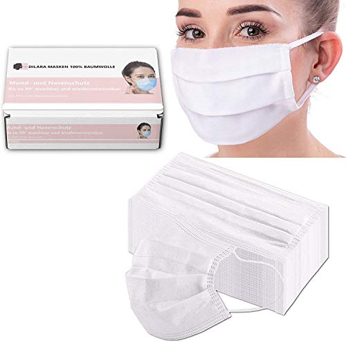 Dilara Premium Maske Vorteilspaket aus 100% Baumwolle - Wiederwendbar und Waschbar bis 95 Grad, Weiß (1 Stück) von Dilara