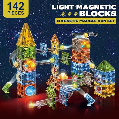 Dilhvy 142 Stück Magnetische Bausteine mit Kugelbahn, Magna Tiles Bunt und Farbleuchte, Starker Magnet Spielzeug, Montessori STEM Magnetspiel für Kinder ab 3-10+Jahre von Dilhvy