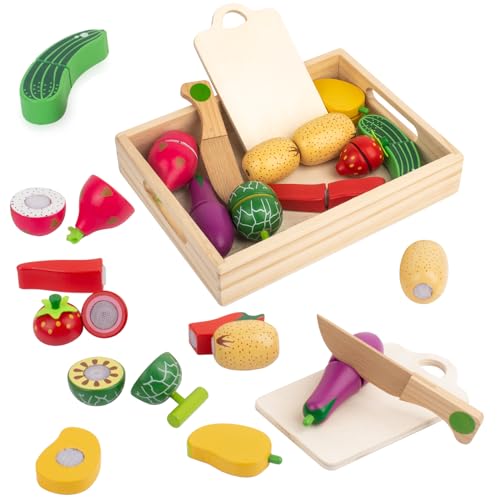 Holz Obst und Gemüse zum Schneiden, Kinderküche Zubehör, Spielobst zum Schneiden, Spielküche Zubehör, Kinder Simulation Lernspielzeug Rollenspiele Geschenk von Dilpeak