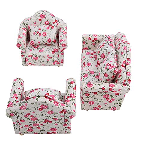 Puppenhaus Sofa, 1/12 Skala Puppenhaus Zubehör Blumenmuster Mini Möbel Sofa Set mit Rückenkissen(#2) von Dilwe