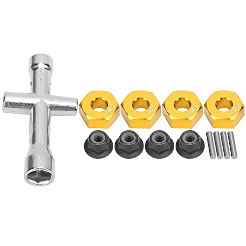 Dilwe RC Rad Sechskant Adapter Set 12mm/ 6mm, Mit 4X Rad Hex Hub Adapter + 4X M4 Flansch-Sicherungsmuttern + 1x Kreuzschlüssel + 4X Stifte Satz, für 1/10 RC Auto(golden) von Dilwe