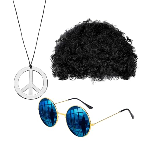 Dinghaole 3 Stücke Hippie Kostüm Set, Hippie Kostüm Set Hippie Accessoires mit Jahre Retro Vintage Brille, Hippie Accessoires, Afro Perücke, für 60er 70er 80er Party Verkleiden Zubehörset von Dinghaole